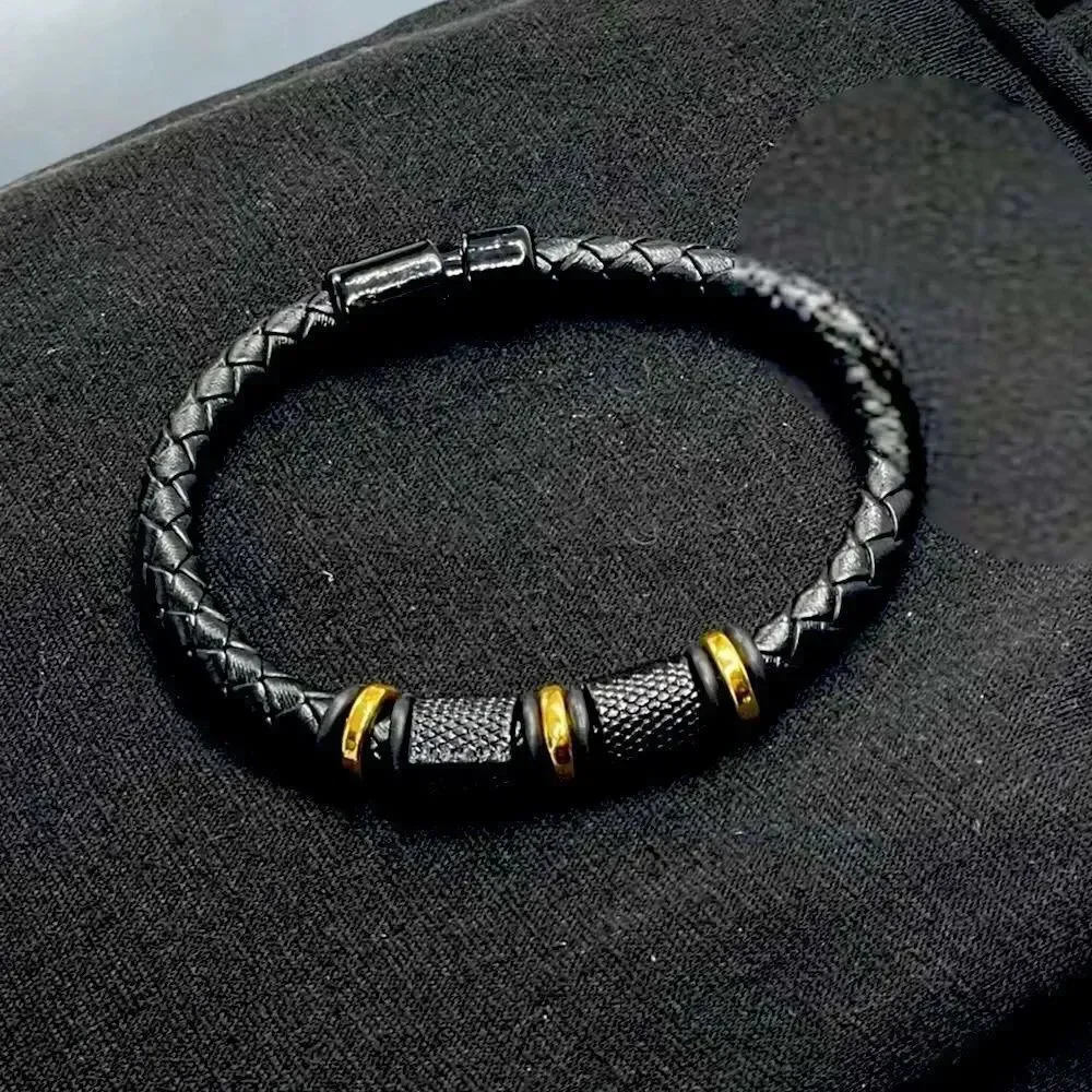 Men’s Leather Bracelet l Braided Beaded w/ Gold Accent l Magnetic Closure l New